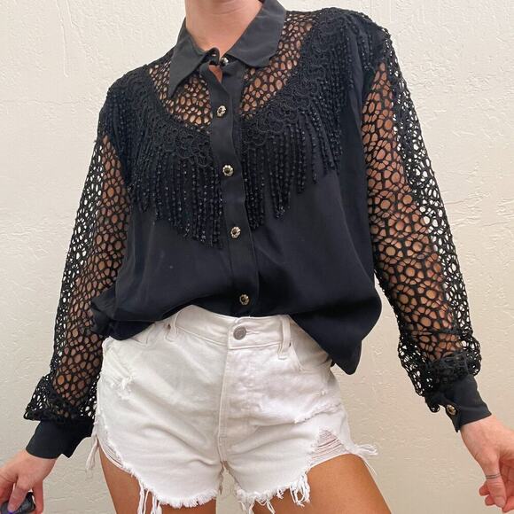 Vintage Black Crochet Fringe Western Style Button Up Top - Picture 4 of 8